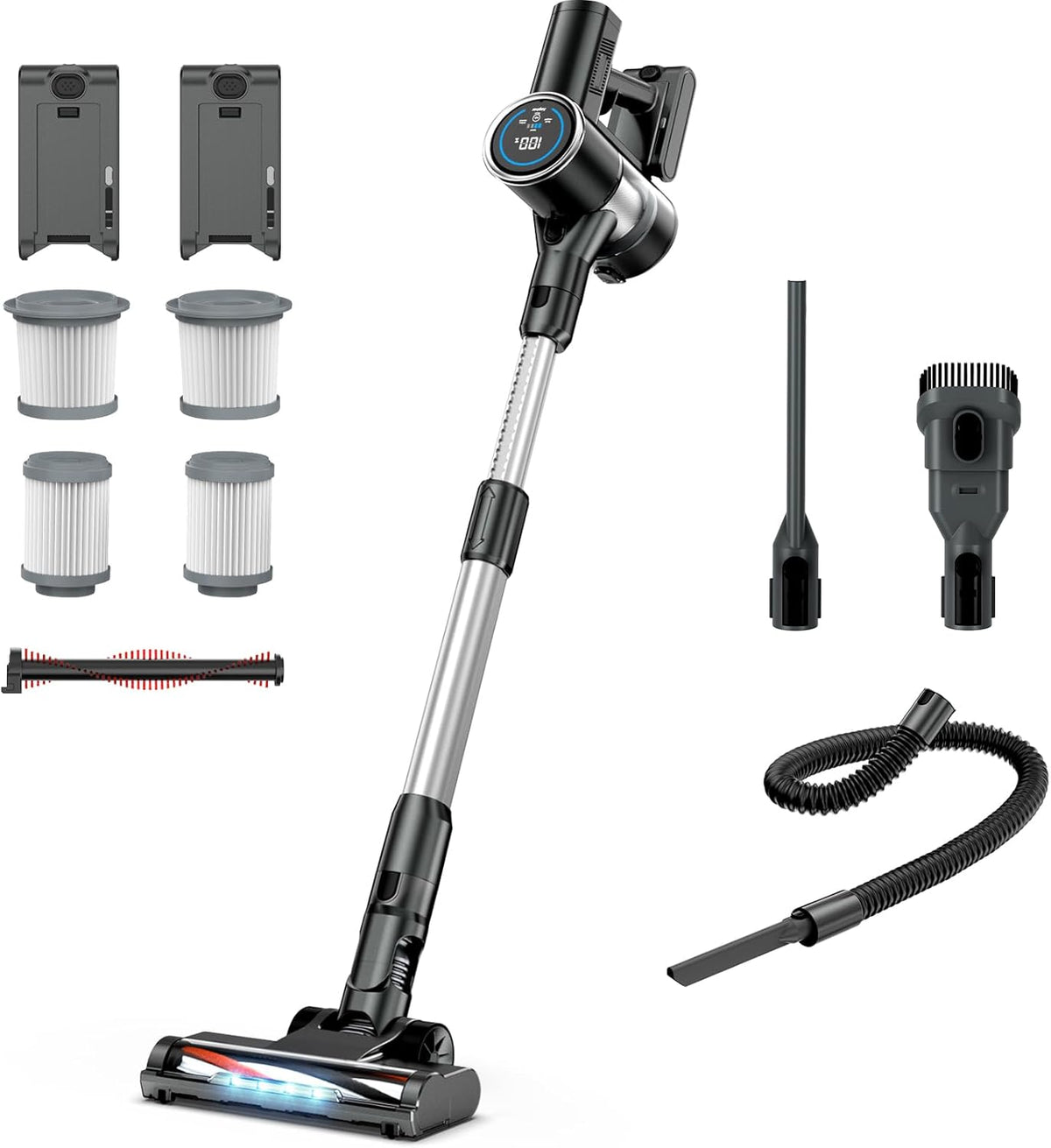 Cordless Vacuum Cleaner with 2 Batteries, 450W 35Kpa Lightweight Stick Vacuum Cleaners for Home with LED Display, Brushless Motor, Anti-Tangle, for Carpet & Hard Floor Pet Hair (Grey)