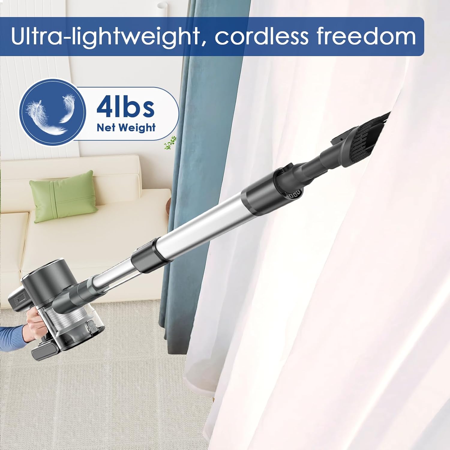 Cordless Vacuum Cleaner with 2 Batteries, 450W 35Kpa Lightweight Stick Vacuum Cleaners for Home with LED Display, Brushless Motor, Anti-Tangle, for Carpet & Hard Floor Pet Hair (Grey)