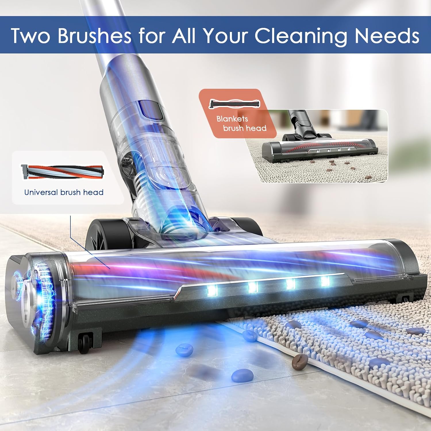 Cordless Vacuum Cleaner with 2 Batteries, 450W 35Kpa Lightweight Stick Vacuum Cleaners for Home with LED Display, Brushless Motor, Anti-Tangle, for Carpet & Hard Floor Pet Hair (Grey)