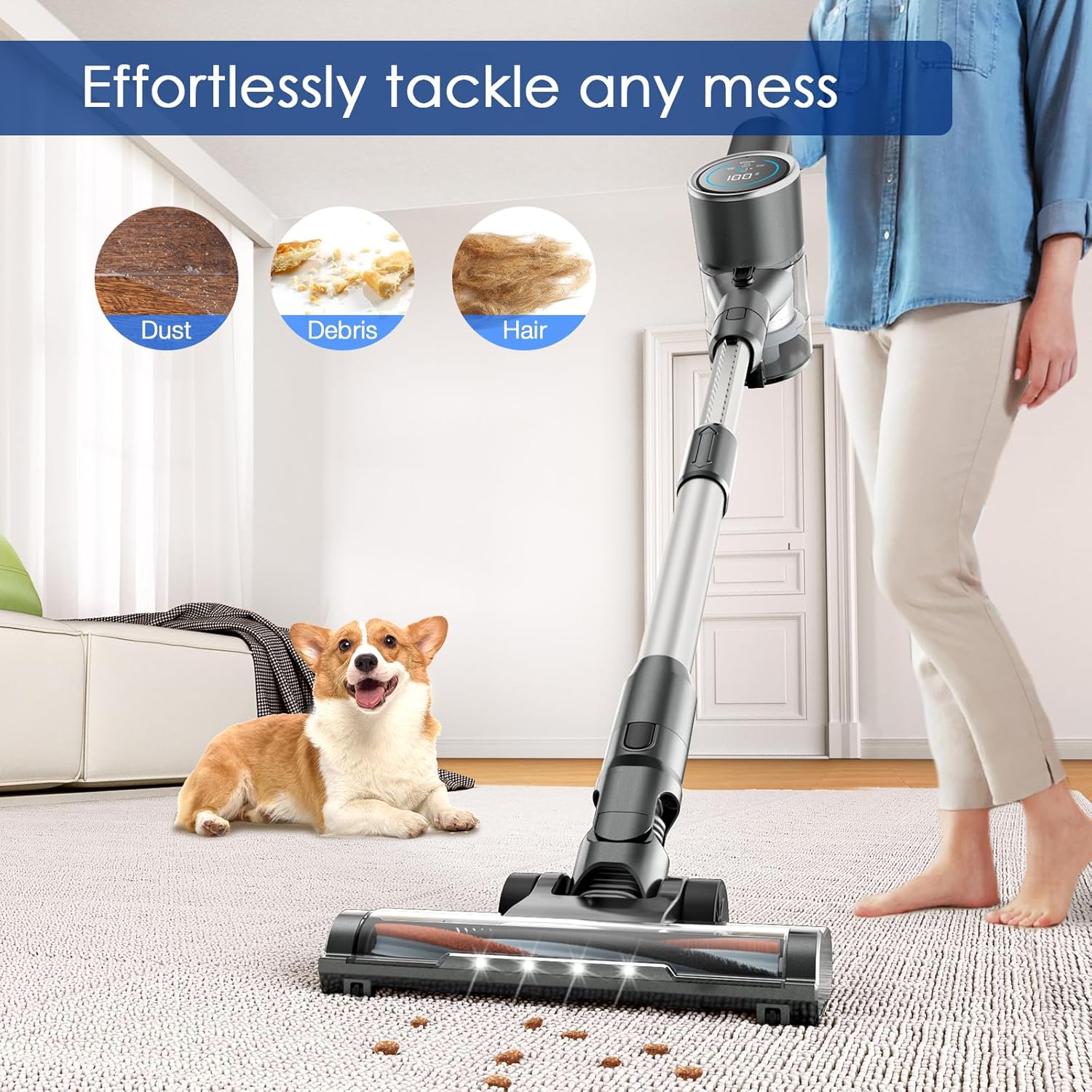 Cordless Vacuum Cleaner with 2 Batteries, 450W 35Kpa Lightweight Stick Vacuum Cleaners for Home with LED Display, Brushless Motor, Anti-Tangle, for Carpet & Hard Floor Pet Hair (Grey)