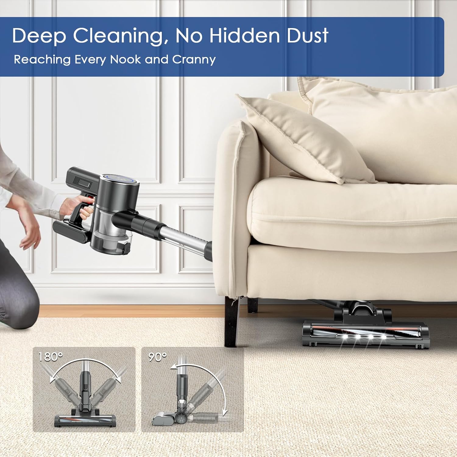 Cordless Vacuum Cleaner with 2 Batteries, 450W 35Kpa Lightweight Stick Vacuum Cleaners for Home with LED Display, Brushless Motor, Anti-Tangle, for Carpet & Hard Floor Pet Hair (Grey)